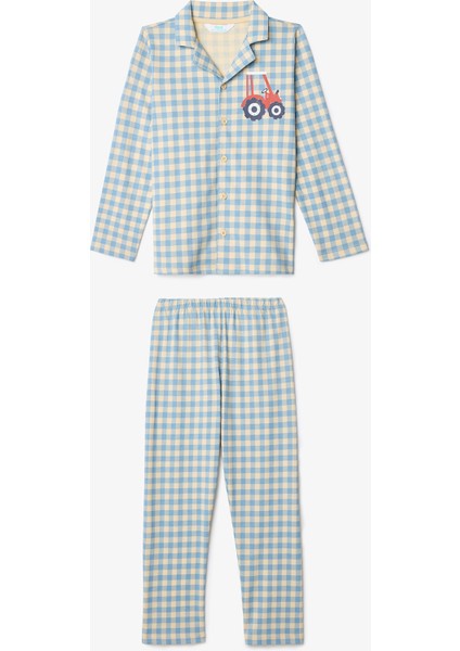 Bej Erkek Çocuk Ekoseli Düğmeli Gömlekli Pamuklu Pijama Takımı fırsatları