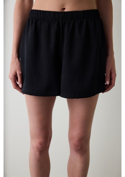 Siyah Fleur Saten Şort Pijama Altı