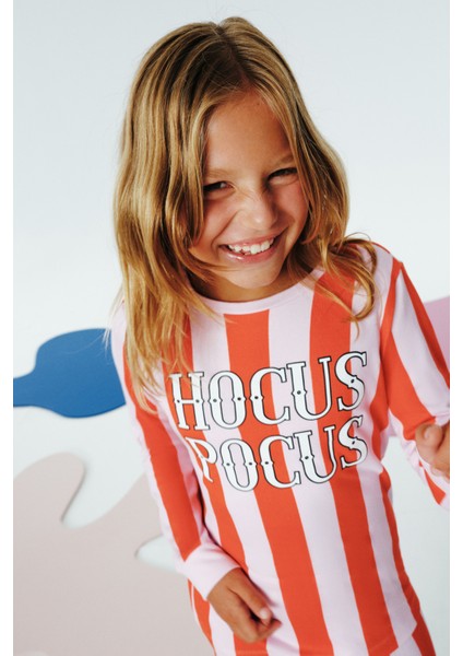 Pembe Kız Çocuk Hocus Pocus Çizgiliuzun Kol Pijama Takımı