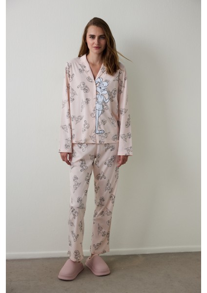Açık Pembe Lola Bunny Gömlek Yaka Uzun Kollu Pijama Takımı