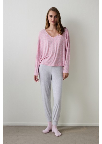 Açık Pembe Not Today Çiçekli V Yaka Uzun Kollu Pijama Üstü fiyatları