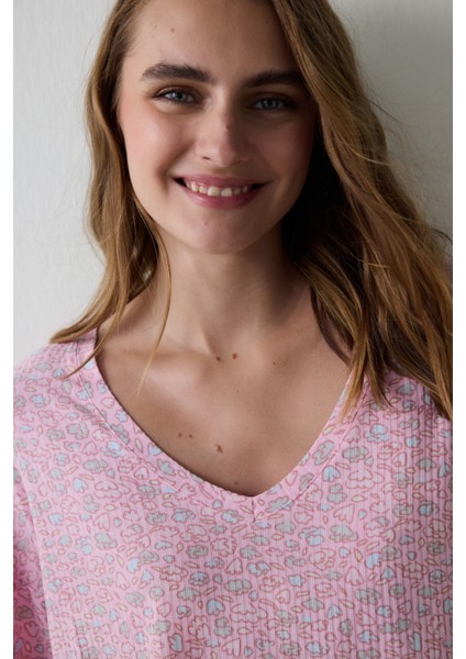 Açık Pembe Not Today Çiçekli V Yaka Uzun Kollu Pijama Üstü modelleri