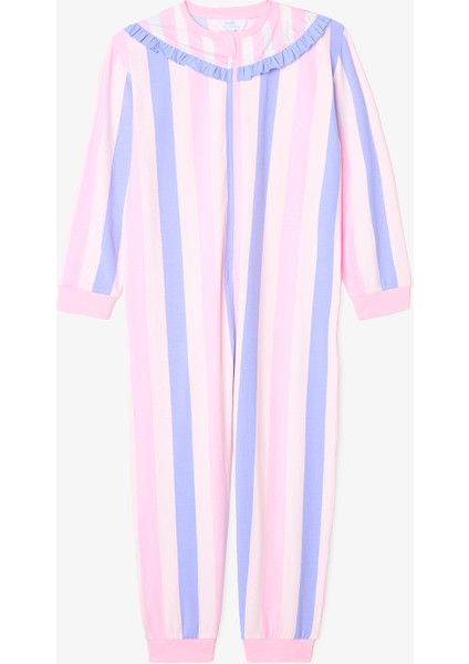 Açık Pembe Kız Çocuk Çizgili Fermuarlı Pijama Tulum
