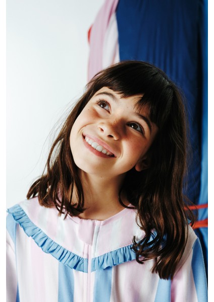 Açık Pembe Kız Çocuk Çizgili Fermuarlı Pijama Tulum modelleri