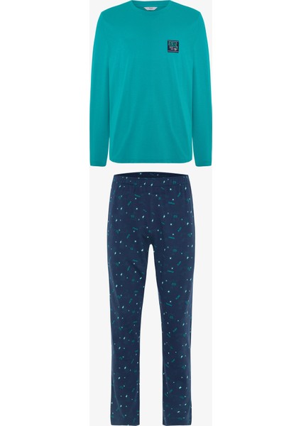 Erkek Super Slogan Baskılı Bisiklet Yaka Pamuklu Pijama Takımı