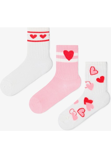 Karışık Renk Kız Çocuk Pinky Love Kalp Desenli 3'lü Soket Çorap