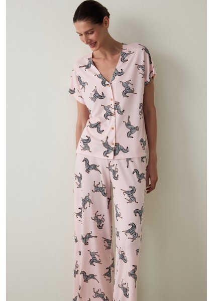 Aging Açık Pembe Collagen Etkili Gömlek Yaka Pijama Takımı