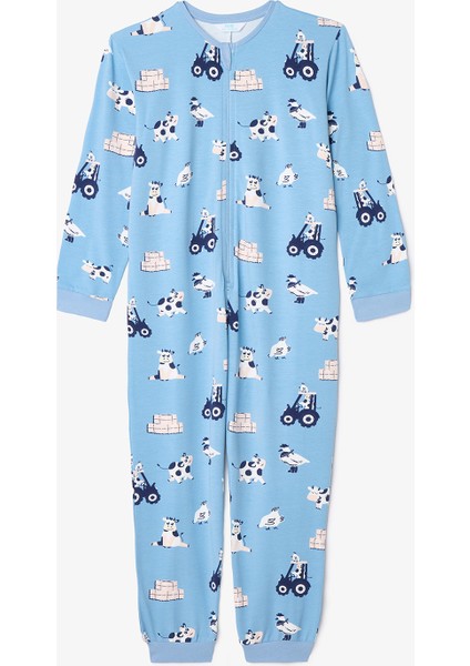 Mavi Erkek Çocuk Farm Inek Desenli Fermuarlı Pijama Tulum