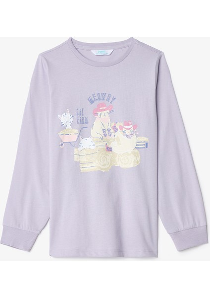 Kız Çocuk Meowdy Kedi Desenli Pamuklu 2'li Uzun Kollu Pijama Takımı