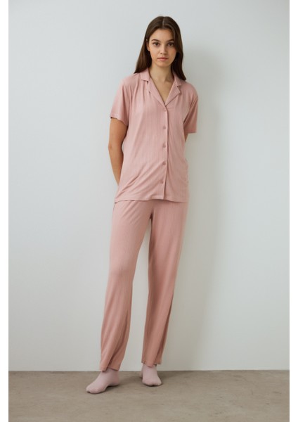 Gül Kurusu Emma Fitilli Gömlek Yakalı Kısa Kollu Pijama Takımı