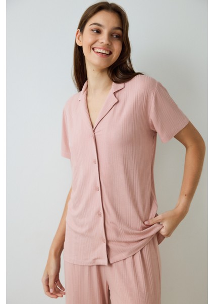 Gül Kurusu Emma Fitilli Gömlek Yakalı Kısa Kollu Pijama Takımı fiyatları