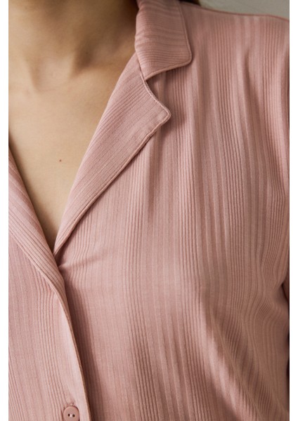 Gül Kurusu Emma Fitilli Gömlek Yakalı Kısa Kollu Pijama Takımı modelleri