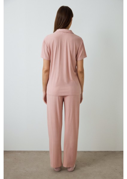 Gül Kurusu Emma Fitilli Gömlek Yakalı Kısa Kollu Pijama Takımı fırsatları