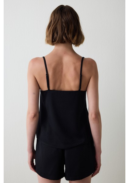 Siyah Fleur Saten V Yaka Ayarlanabilir Askılı Pijama Üstü modelleri