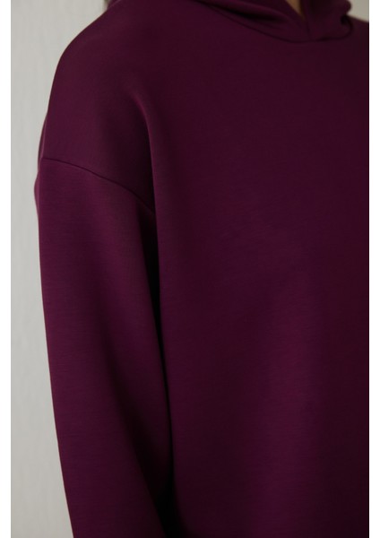 Bordo Silky Feel Kapüşonlu Slogan Baskılı Sweatshirt modelleri