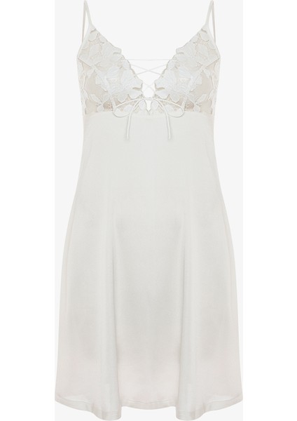 Kırık Beyaz Bridal Dantelli V Yaka Kısa Çeyizlik Gecelik