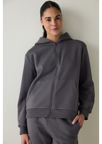Gri Fermuarlı Kapüşonlu Spor Sweatshirt fiyatları