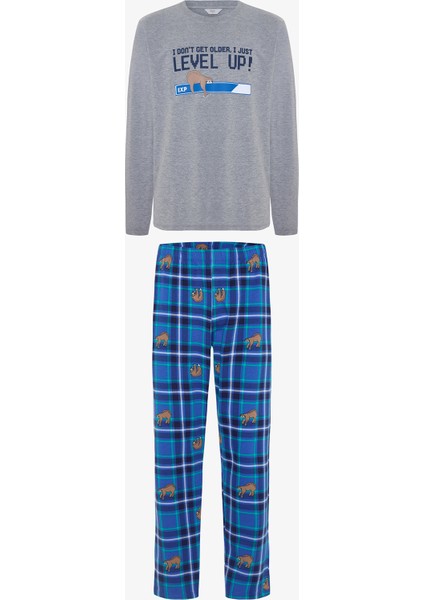 Erkek Level Slogan Baskılı Bisiklet Yaka Uzun Kollu Pijama Takımı
