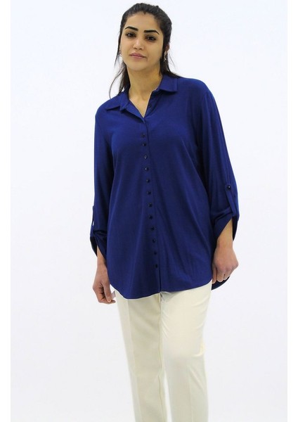 Sık Düğme Örme Gömlek - Indigo