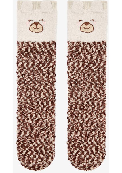 Kırık Beyaz Sleepy Bear Ayı Nakışlı Ev Patiği