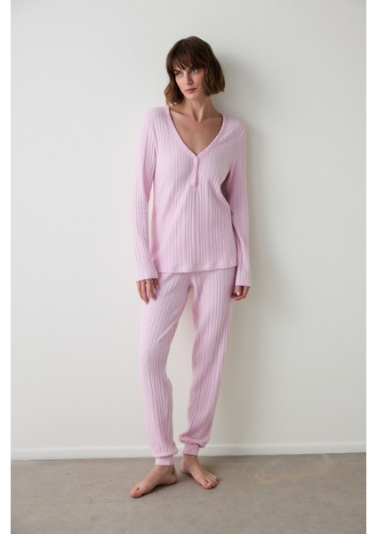 Açık Pembe Cozy Time V Yaka Uzun Kollu Pijama Takımı