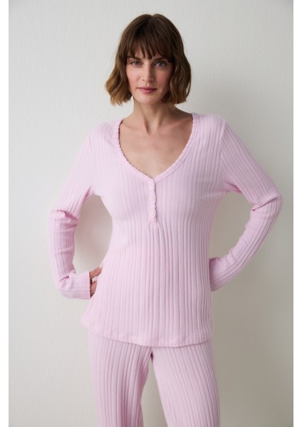 Açık Pembe Cozy Time V Yaka Uzun Kollu Pijama Takımı fiyatları