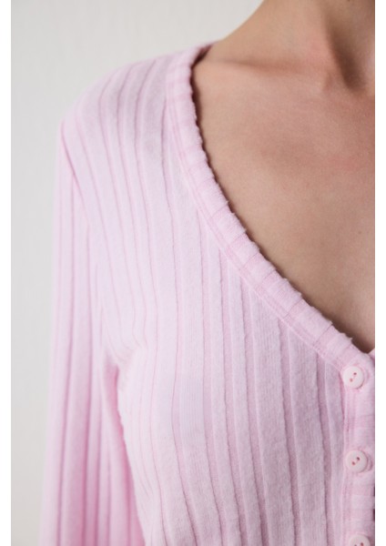 Açık Pembe Cozy Time V Yaka Uzun Kollu Pijama Takımı modelleri