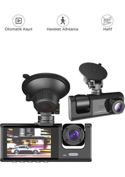 Araç Içi 1080P 3 Kameralı LCD Ekranlı Gece Görüşlü , G-Sensör , Geri Görüş Kamera