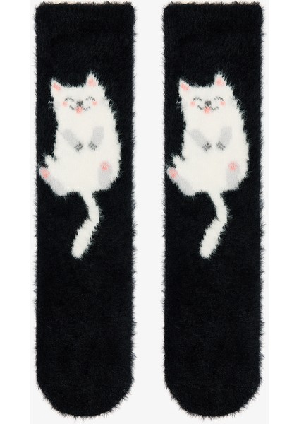 Siyah Happy Cat Kedi Desenli Ev Patiği