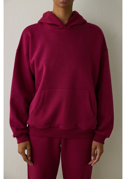 Mor Kapüşonlu Oversize Sweatshirt