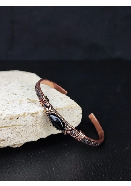 Oniks Doğal Taş Kombinli Otantik Saf Bakır Bileklik %100 Saf Bakır -Günlük Aksesuar Hediyelik Kombin - Siyah Oniks Taşlı fırsatları