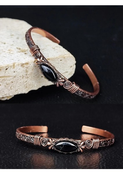 Oniks Doğal Taş Kombinli Otantik Saf Bakır Bileklik %100 Saf Bakır -Günlük Aksesuar Hediyelik Kombin - Siyah Oniks Taşlı indirimleri