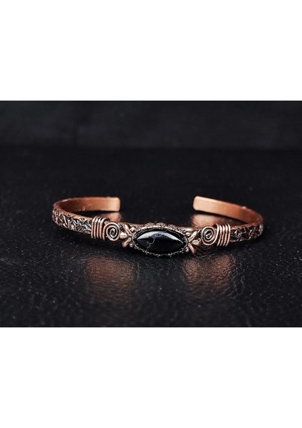 Oniks Doğal Taş Kombinli Otantik Saf Bakır Bileklik %100 Saf Bakır -Günlük Aksesuar Hediyelik Kombin - Siyah Oniks Taşlı