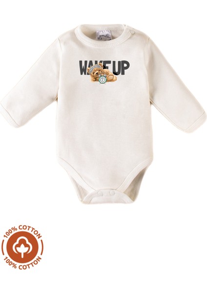 Unisex Bebek %100 Pamuklu Wakeup Baskılı 3-6-9-12 Ay Bebek Body Ekru Badi Zıbın