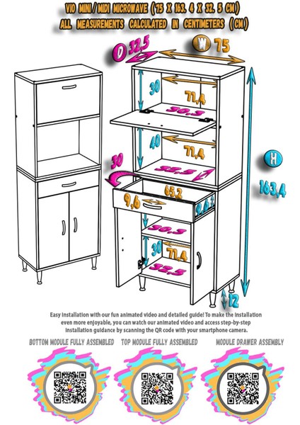 Vio (75X163,4X32.5 Cm) Çekmeceli, Kapaklı, Ekmeklikli. Mini/midi Mikrodalga Mutfak Dolabı indirimleri