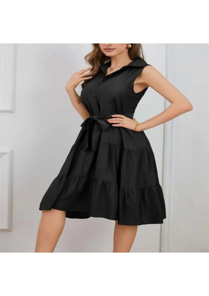 Kadın Kısa Kollu Gömlek Yaka Düğmeli Beli Kuşaklı Katlı Dokuma Midi Elbise