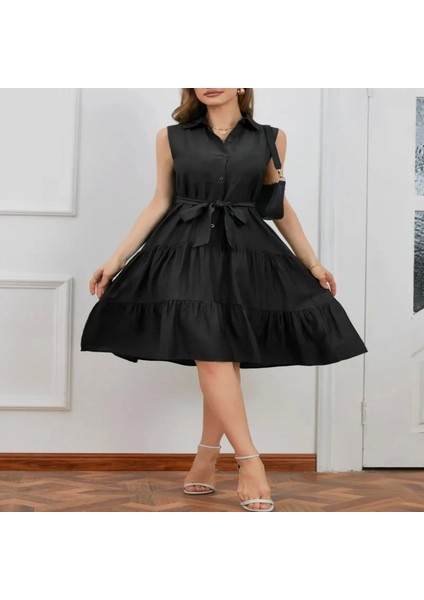 Kadın Kısa Kollu Gömlek Yaka Düğmeli Beli Kuşaklı Katlı Dokuma Midi Elbise fiyatları