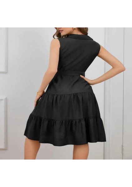 Kadın Kısa Kollu Gömlek Yaka Düğmeli Beli Kuşaklı Katlı Dokuma Midi Elbise modelleri