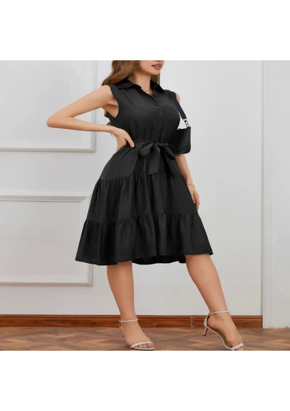 Kadın Kısa Kollu Gömlek Yaka Düğmeli Beli Kuşaklı Katlı Dokuma Midi Elbise fırsatları