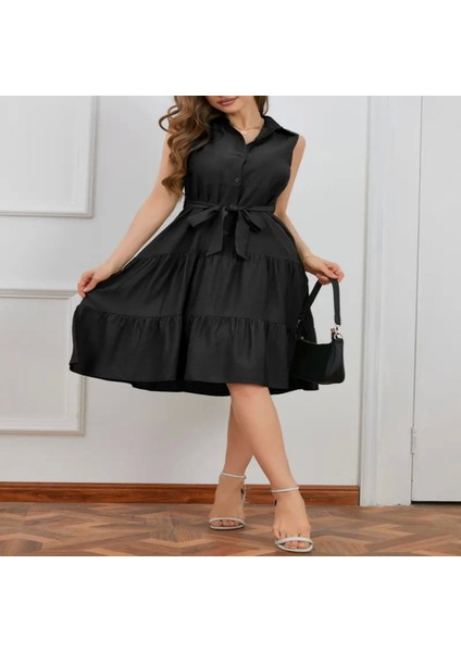 Kadın Kısa Kollu Gömlek Yaka Düğmeli Beli Kuşaklı Katlı Dokuma Midi Elbise indirimleri