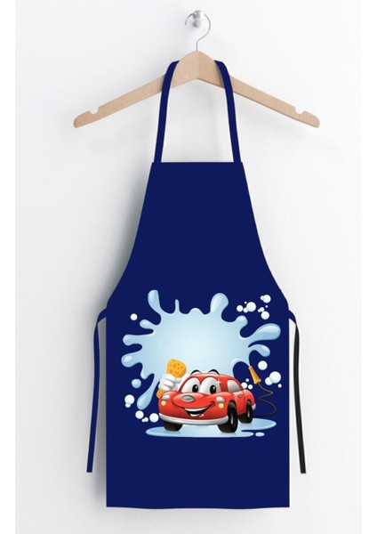 Lacivert Renkli Çocuk Mutfak Boyama Önlüğü, Araba Desenli, Güvenli ve Eğlenceli Kullanım