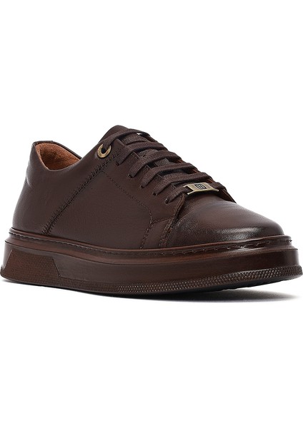 Erkek Kahverengi Bağcıklı Deri Sneaker 25WFD654318
