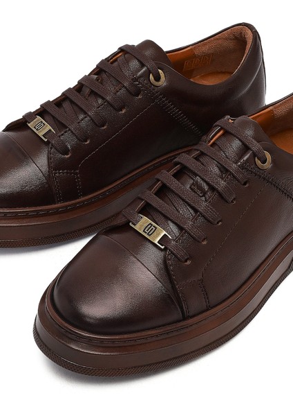 Erkek Kahverengi Bağcıklı Deri Sneaker 25WFD654318