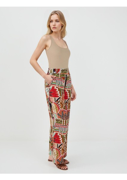 Yeşil Yüksek Bel Bol Paça Uzun Desenli Pantolon modelleri