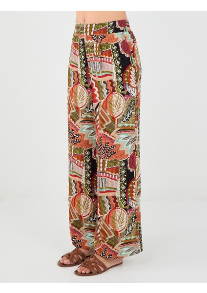 Yeşil Yüksek Bel Bol Paça Uzun Desenli Pantolon fırsatları