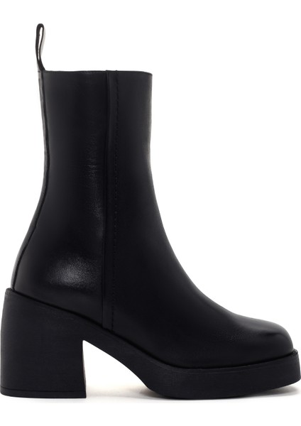 Kadın Siyah Kalın Topuklu Fermuarlı Deri Bot 25WFD201018