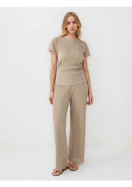 Bej Bol Paça Beli Lastikli Örme Pantolon