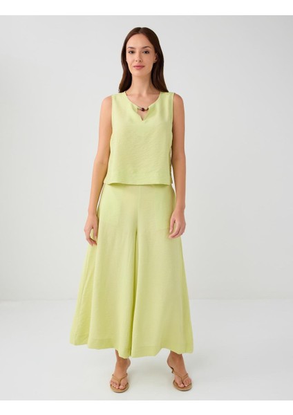 Su Yeşili Rahat Kesim Bol Paça Normal Bel Dokuma Pantolon