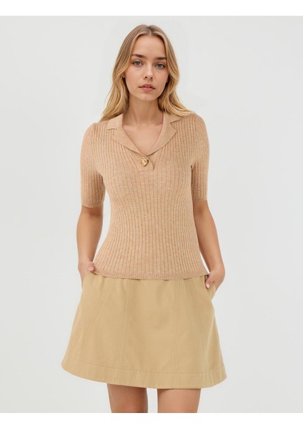 Bej Melanj Dar Kesim Gömlek Yaka Dirsek Kol Triko Kazak