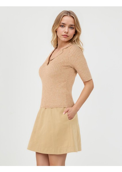 Bej Melanj Dar Kesim Gömlek Yaka Dirsek Kol Triko Kazak modelleri